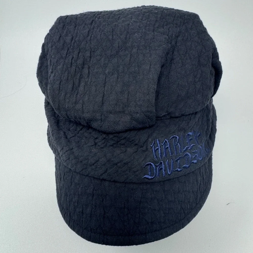 Harley Davidson Black Textured Quilted Newsboy Cap Hat‎ with Blue Embroidery